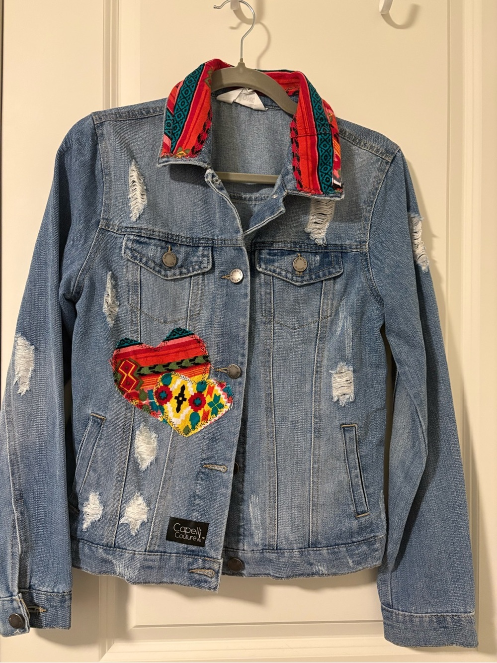 Women’s Upcycle Light Wash Denim Jacket with Red Patterned Collar - Picture 2 of 3